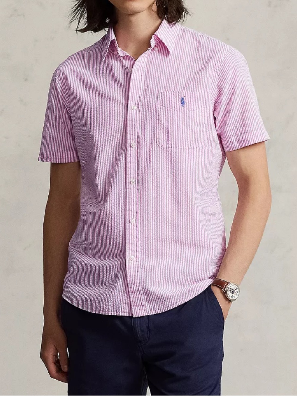 Polo Ralph Lauren Mens Sz XL Prepster Untucked Fit Striped Seersucker Pink Shirt